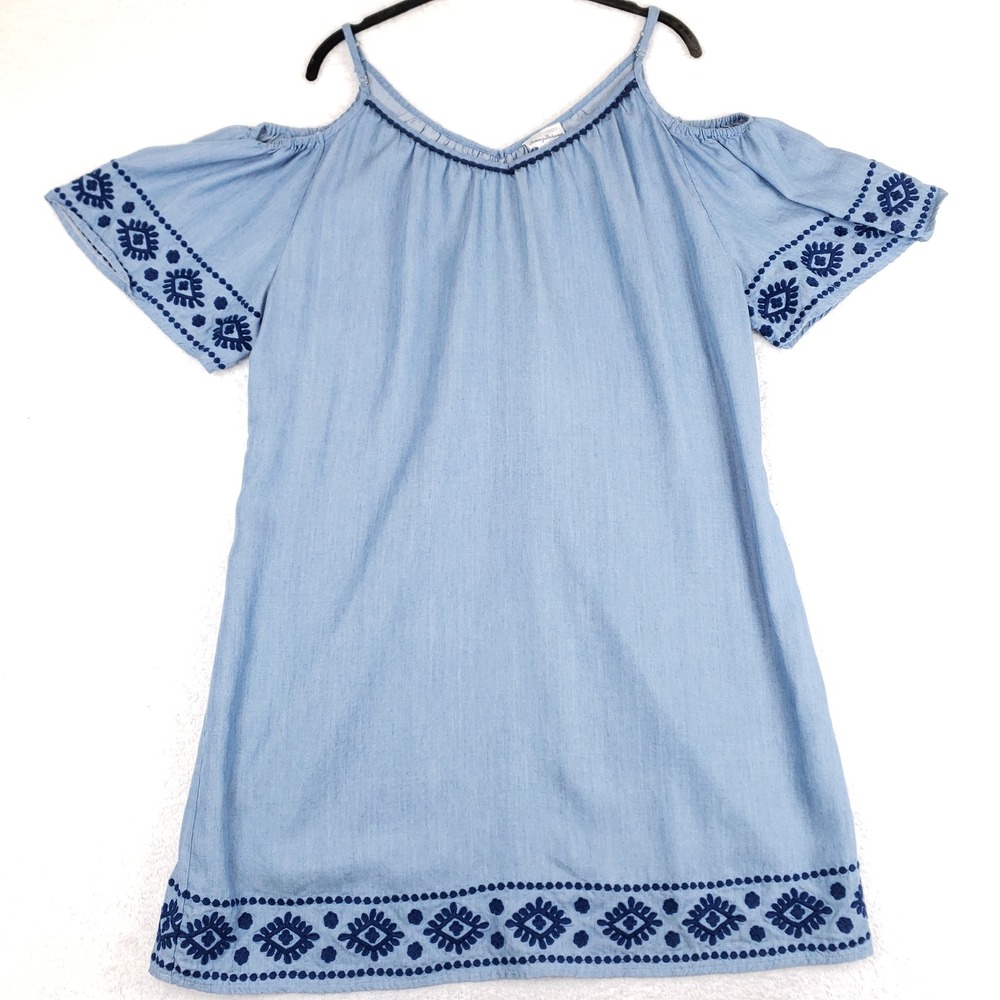 Tommy Bahama Blue Tencel Embroidered Cold Shoulder Shift Dress L Coastal Boho